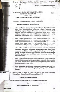 Undang-undang Republik Indonesia No. 20 Tahun 2003 Tentang Sistem Pendidikan Nasional